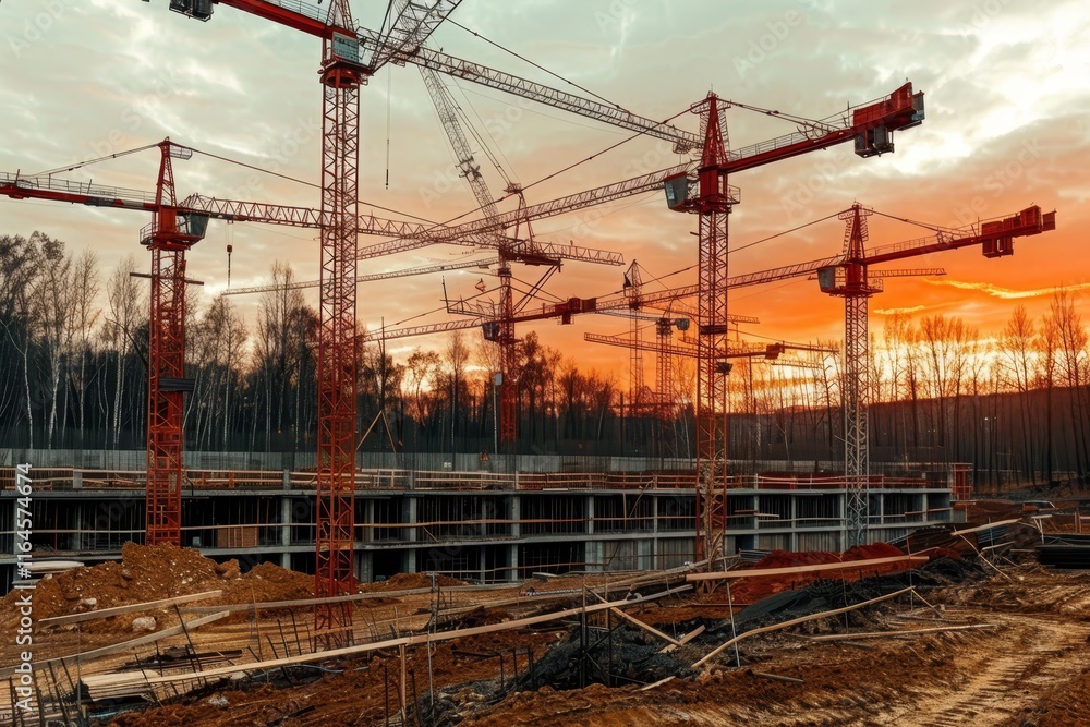 Tower cranes against a red sunset silhouettes of new city buildings and construction sites Tower cranes against a red sunset silhouettes of new city buildings and construction sites