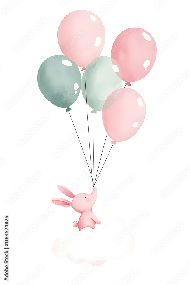 Naklejka premium Bunny with balloons sitting on a cloud, watercolor cute illustration