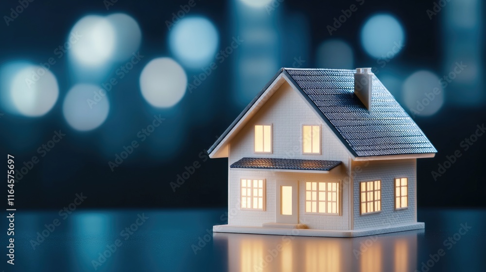 Miniature house stands alone in a dark blue space, softly glowing and casting long shadows, evoking themes of real estate and financial uncertainty