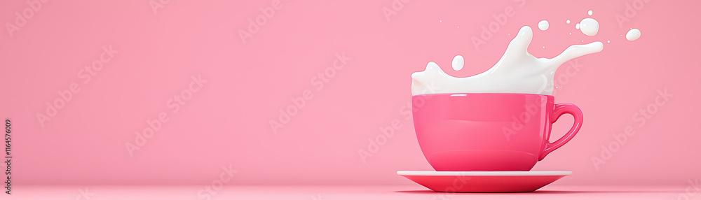 Pink cup with milk splashing against pastel pink background creates playful and minimalistic scene Pink cup with milk splashing against pastel pink background creates playful and minimalistic scene