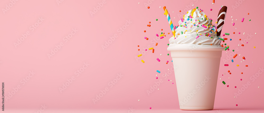 Delicious ice cream in cup with colorful sprinkles and cho te sticks, creating joyful and playful atmosphere Delicious ice cream in cup with colorful sprinkles and cho te sticks, creating joyful and playful atmosphere