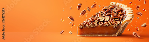 Delicious pecan pie slice with nuts and caramel on vibrant orange background