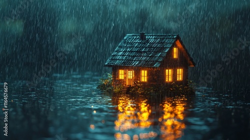 A bright little house stands amidst a rain-soaked landscape, its windows aglow, reflecting on the water below, creating an inviting and magical mood. photo