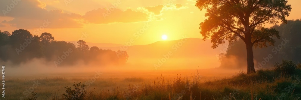 Fototapeta premium warm glow on a misty morning landscape with blurred sky and trees, soft colors blending into warm golden hue, tranquil environment, misty morning