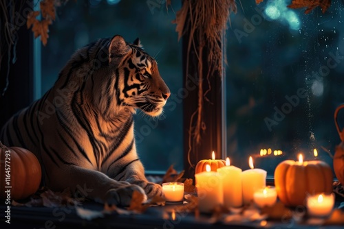 Tiger Amid Halloween Decor: Candles, Pumpkins, and Nighttime Ambiance photo