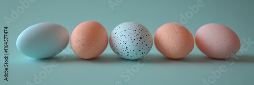 Five Pastel Colored Easter Eggs Arranged in a Row Against a Minimalist Blue Background