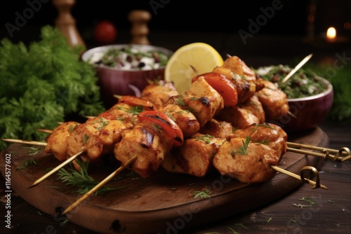 Wallpaper Mural Top View of Grilled Chicken Kebabs Skewers with Vegetables and Shish on Barbecue Background Torontodigital.ca