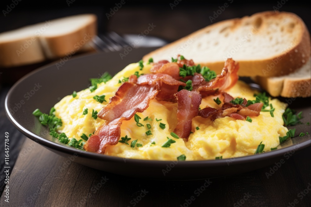 Traditional American Breakfast: Scrambled Eggs and Bacon on a Plate Traditional American Breakfast: Scrambled Eggs and Bacon on a Plate