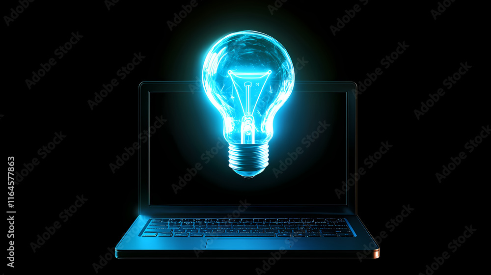 Futuristic glowing light bulb hovering above an open laptop representing innovation and technology. Incandescence. Illustration Futuristic glowing light bulb hovering above an open laptop representing innovation and technology. Incandescence. Illustration
