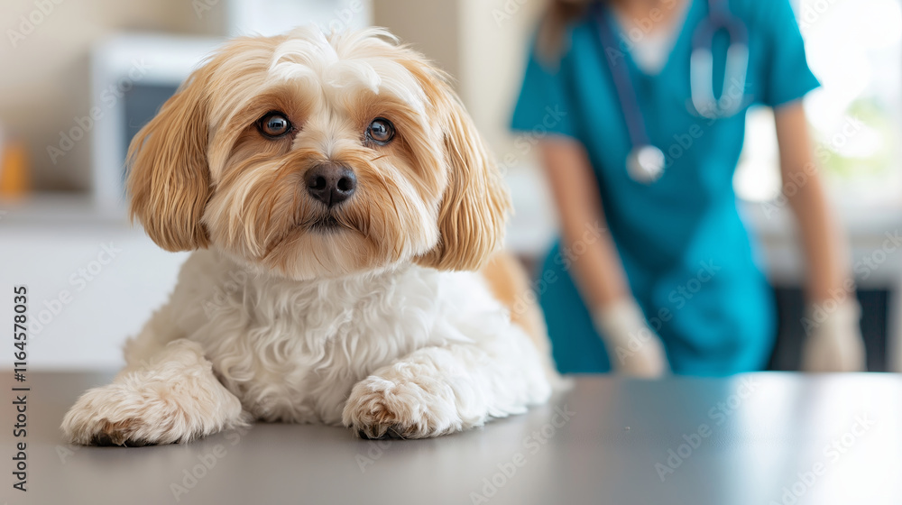 Small dog waiting patiently for veterinary care in a bright, modern clinic, receiving attentive healthcare services for pets Small dog waiting patiently for veterinary care in a bright, modern clinic, receiving attentive healthcare services for pets