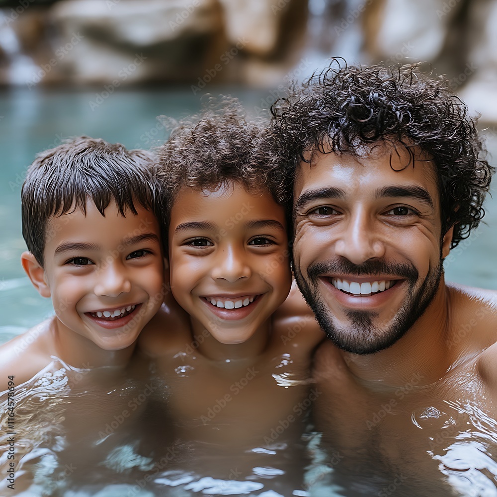 Happy Family Poolside: Joyful Father and Sons in a Serene Aquatic Setting Happy Family Poolside: Joyful Father and Sons in a Serene Aquatic Setting