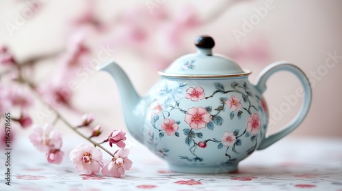 Blue Floral Teapot with Cherry Blossoms Springtime Tea Party Concept on Soft Background photo