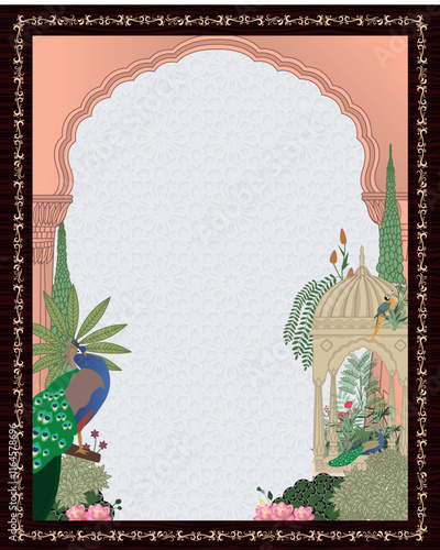 Traditional Indian Mughal arch garden, peacock, parrot plant vector illustration for card
