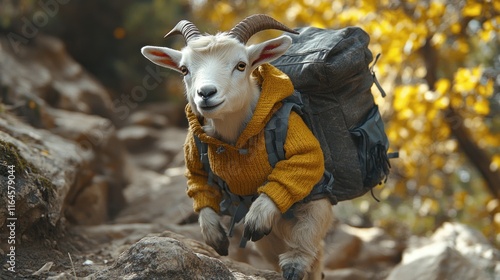 A goat wearing a yellow sweater and backpack hiking on a rocky trail in autumn scenery. photo