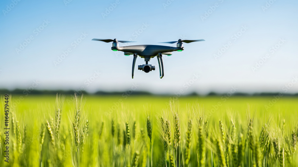 Agricultural drone hovering over golden wheat field, collecting precision crop data for optimizing farming productivity and resource management Agricultural drone hovering over golden wheat field, collecting precision crop data for optimizing farming productivity and resource management