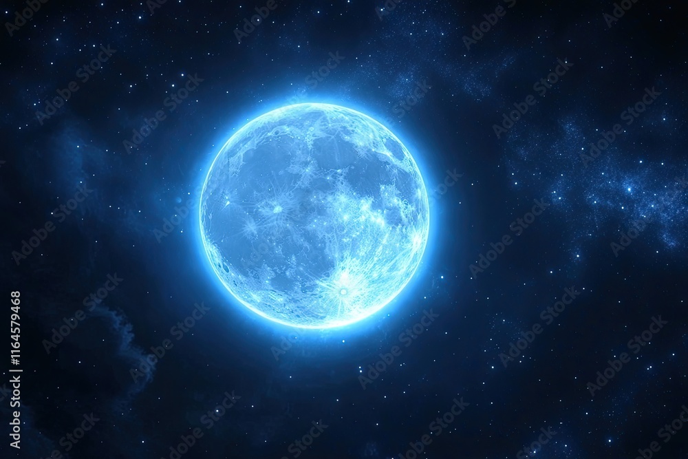 A blue super moon, encircled by a blue halo, is isolated on a dark background A blue super moon, encircled by a blue halo, is isolated on a dark background