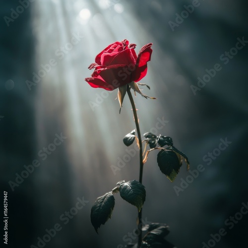 A red rose is standing in the sunlight. The light is shining on the rose, making it look even more beautiful photo