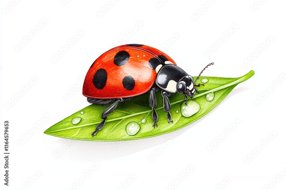 Obraz premium Vibrant ladybug resting on green leaf with water droplets, showcasing nature beauty