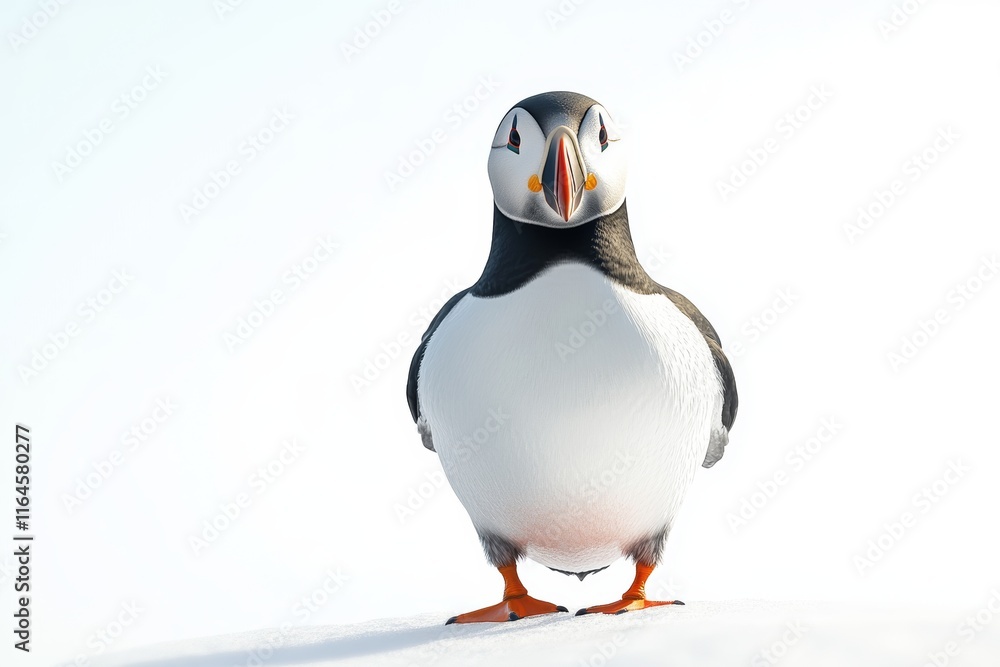 Obraz premium A penguin stands on a snowy surface with its head held high. Concept of confidence and strength, as the penguin appears to be proud of its appearance and posture