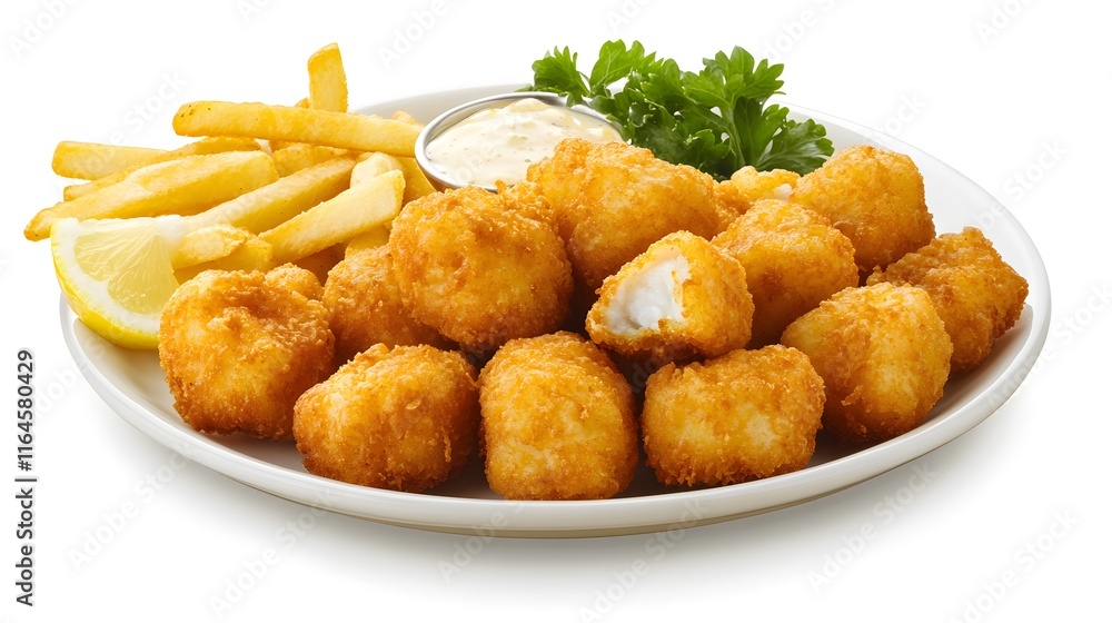 Crispy Fried Fish Bites Served with Fries and Sauce Crispy Fried Fish Bites Served with Fries and Sauce
