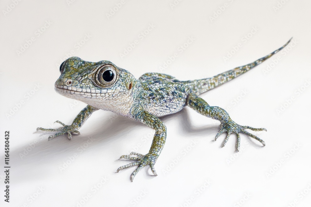 Fototapeta premium A lizard is laying on a white background. The lizard is green and brown. The lizard is looking at the camera