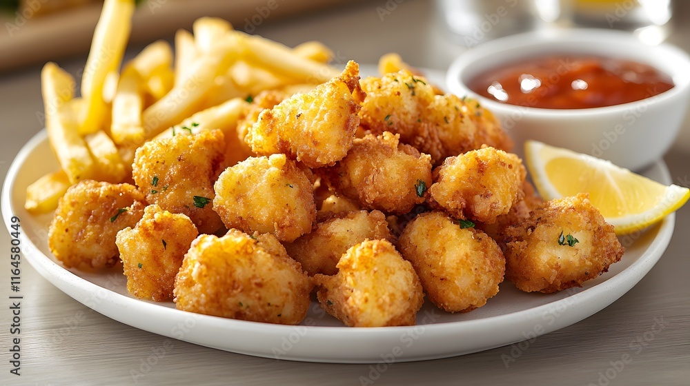 Crispy Fried Fish Bites Served With Fries and Sauce Crispy Fried Fish Bites Served With Fries and Sauce