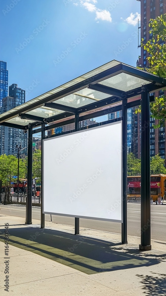 Modern bus stop shelter with blank white billboard mockup in downtown urban setting with glass roof, skyscrapers in background and sunny blue sky on summer day Modern bus stop shelter with blank white billboard mockup in downtown urban setting with glass roof, skyscrapers in background and sunny blue sky on summer day