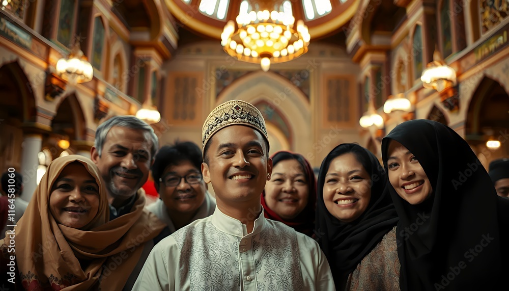 Smiling Muslim Family Portrait in Ornate Mosque Setting Smiling Muslim Family Portrait in Ornate Mosque Setting