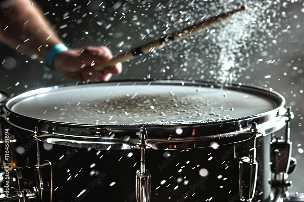 Obraz premium Dynamic close up of a black snare drum with drumsticks and dust burst against dark background