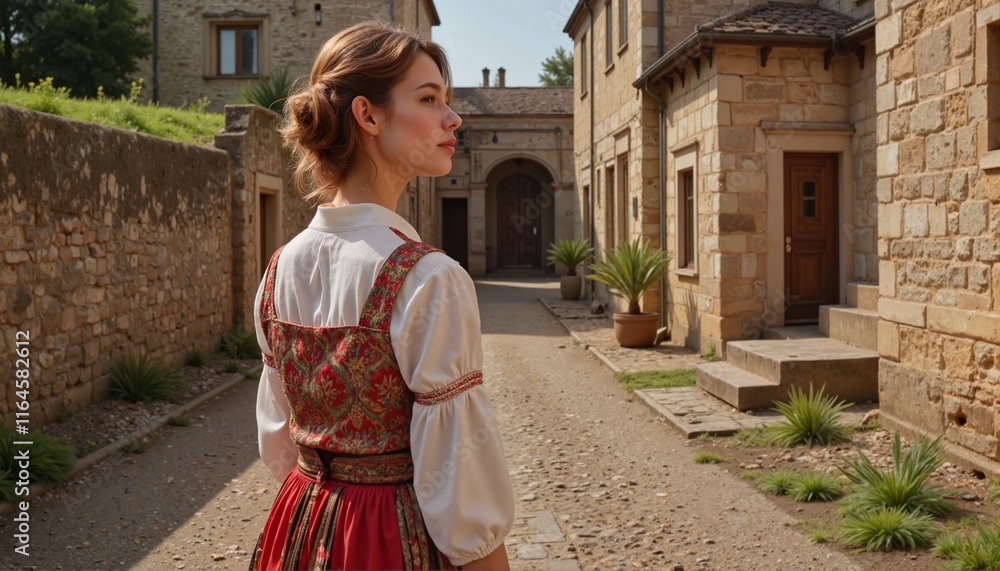 Young woman in traditional dress walking through stone village Young woman in traditional dress walking through stone village