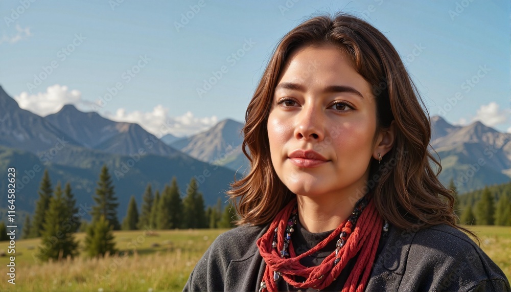 Woman looking thoughtfully against a mountain backdrop Woman looking thoughtfully against a mountain backdrop