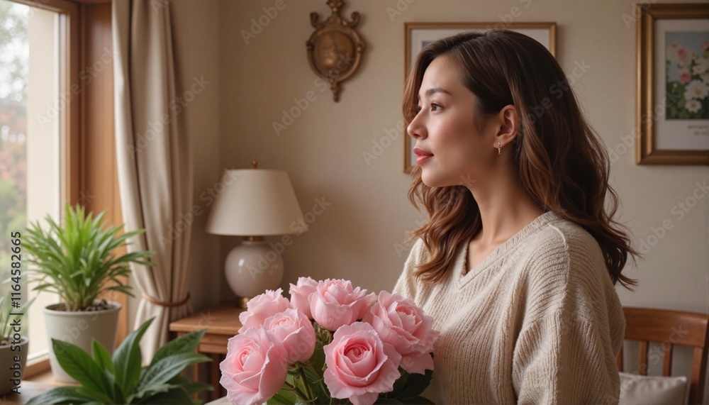 Woman holding pink roses in cozy indoor setting Woman holding pink roses in cozy indoor setting