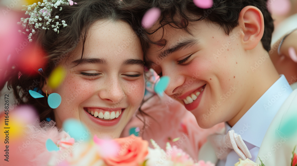 Young couple laughing and enjoying their wedding day surrounded by vibrant confetti Young couple laughing and enjoying their wedding day surrounded by vibrant confetti