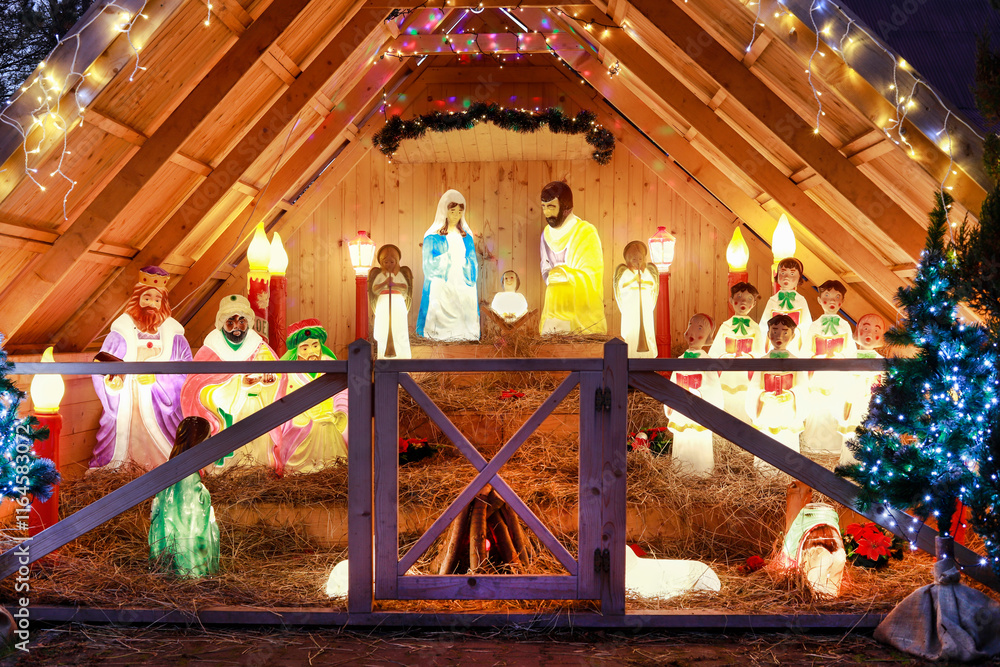 SKAWA, POLAND - DECEMBER 29, 2024: Traditional Christmas decorations, nativity scene in Skawa, Poland.