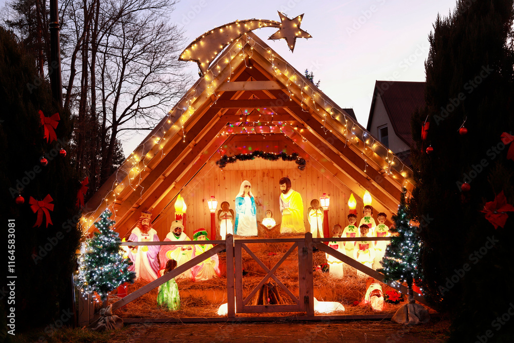 SKAWA, POLAND - DECEMBER 29, 2024: Traditional Christmas decorations, nativity scene in Skawa, Poland.