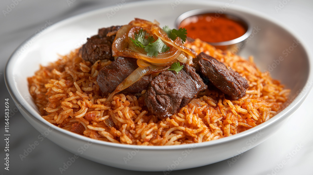 A bowl of fragrant beef biryani topped with tender meat and served with sauce A bowl of fragrant beef biryani topped with tender meat and served with sauce