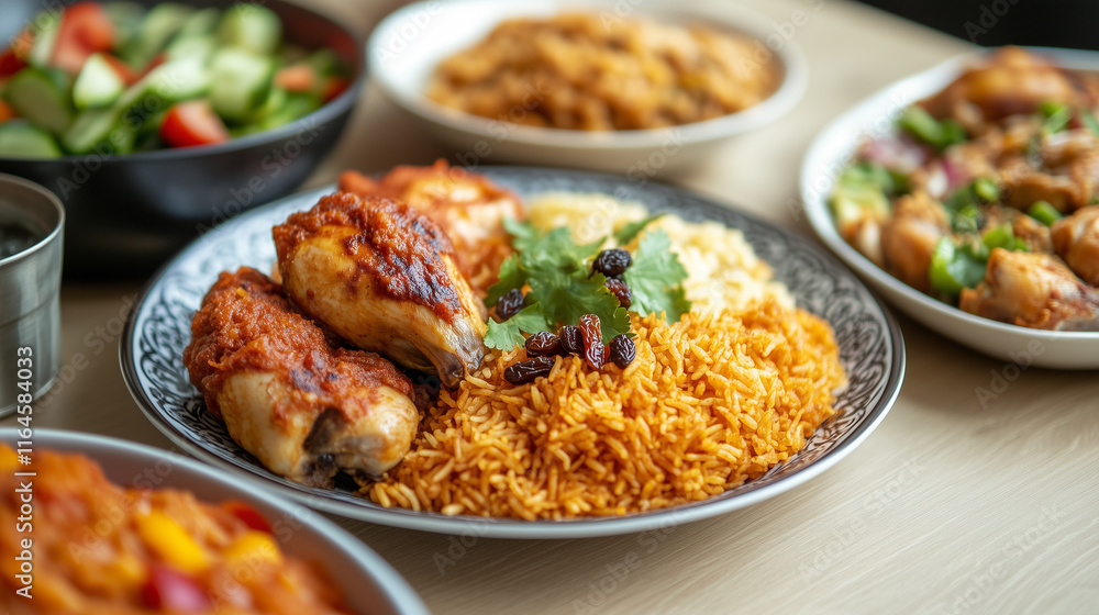 Jollof rice with spiced chicken served with assorted vegetables and side dishes Jollof rice with spiced chicken served with assorted vegetables and side dishes