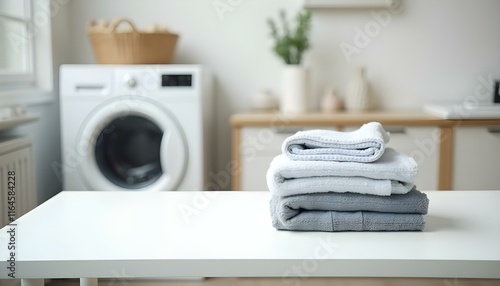 Mesa con pilas de ropa doblada y lavadora en fondo, creando un ambiente de lavandería en el hogar