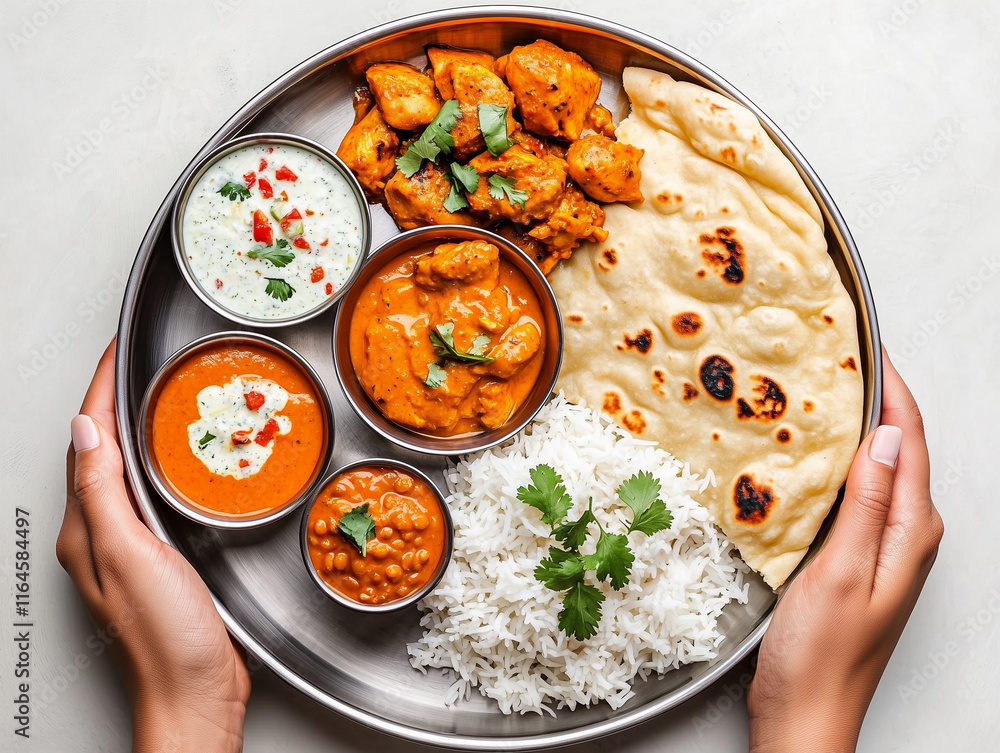 Two hands hold a platter of Indian cuisine featuring rice, bread, and flavorful dishes Two hands hold a platter of Indian cuisine featuring rice, bread, and flavorful dishes