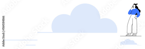 A woman stands thoughtfully near a giant cloud, symbolizing contemplation and future possibilities. Ideal for themes of reflection, imagination, growth, dreaming, vision, future planning, creativity