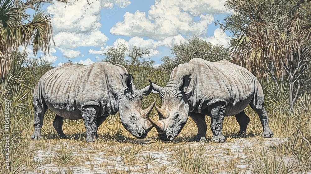 Fototapeta premium Rhinos Grazing in a Sunny African Landscape
