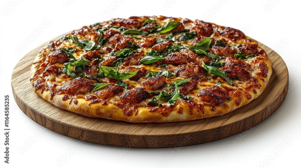 Delicious chicken spinach pizza on wooden board. Delicious chicken spinach pizza on wooden board.