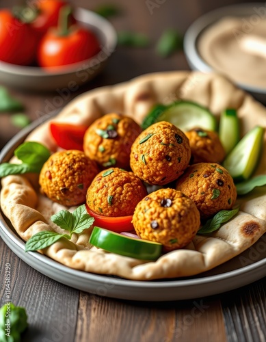 Delicious platter featuring spiced falafel balls with fresh vegetables served on warm flatbread