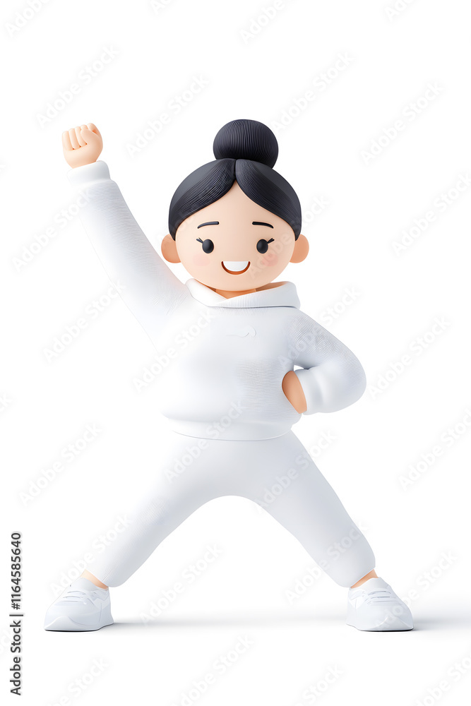 3D cartoon character illustration of a happy fit woman in sportswear stretching, isolated on white background, 3D cartoon character illustration of a happy fit woman in sportswear stretching, isolated on white background,