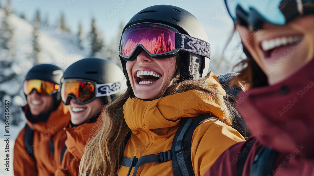 Group of skiers laughing in winter mountain setting Group of skiers laughing in winter mountain setting
