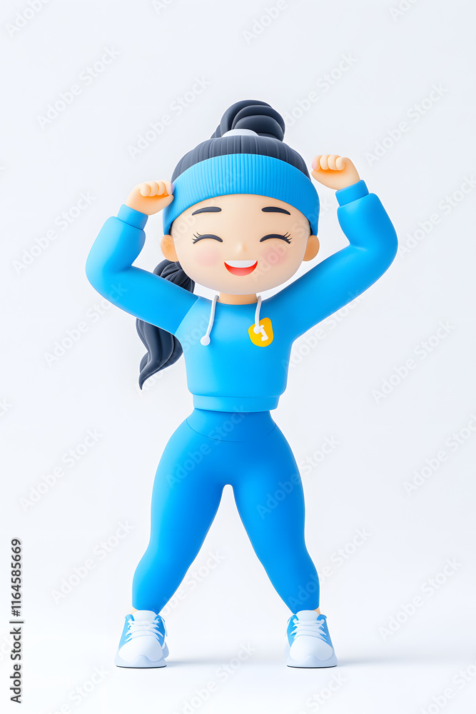 3D cartoon character illustration of a happy fit woman in sportswear stretching, isolated on white background, 3D cartoon character illustration of a happy fit woman in sportswear stretching, isolated on white background,