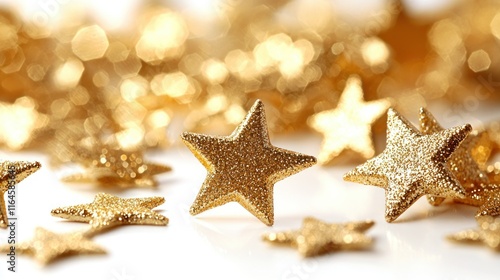 Gold glitter stars on white with bokeh. photo