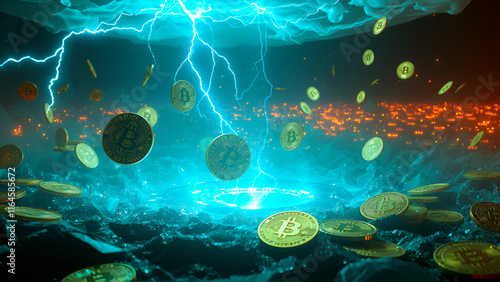 Supernatural scene of bitcoins descending from a luminous ether photo