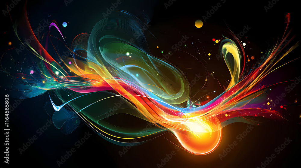 A glowing lightbulb with colorful abstract shapes and lines emanating from it on a dark background. Incandescence. Illustration A glowing lightbulb with colorful abstract shapes and lines emanating from it on a dark background. Incandescence. Illustration