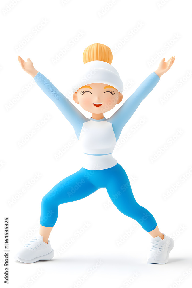 3D cartoon character illustration of a happy fit woman in sportswear stretching, isolated on white background, 3D cartoon character illustration of a happy fit woman in sportswear stretching, isolated on white background,